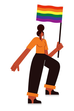 Woman holding rainbow pride flag celebrating LGBTQ rights. Diverse female activist in orange shirt waving colorful flag for equality, inclusion, and pride month events and social justice movements PNG