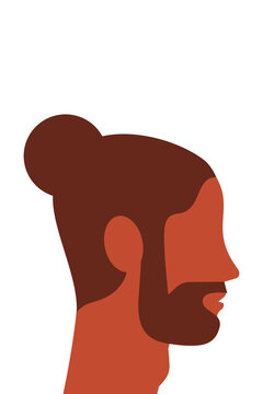 Side-profile vector portrait of a dark-skinned Latino man with man bun, mustache and beard. Flat design, isolated on white, ideal for avatars, character design, editorial, and web projects. PNG
