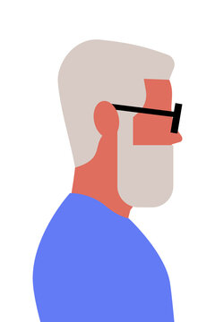 Abstract elderly man in profile wearing black glasses and blue shirt. Minimalist senior male portrait with white hair for aging, mature adult, retirement, and senior citizen concepts. High-res PNG
