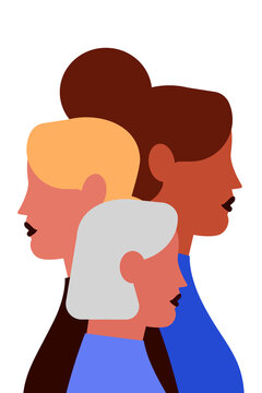 Vector illustration of three diverse women in side profile, symbolizing inclusion, solidarity, empowerment, and community. Abstract flat design representing different ages and ethnic backgrounds. PNG