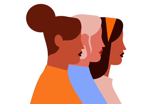 Three diverse women in profile with different hairstyles and skin tones. Abstract overlapping silhouettes representing diversity, unity, solidarity, and multicultural community. High resolution PNG