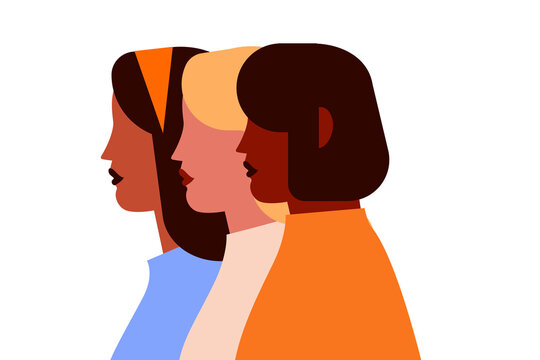 Three diverse women in profile with different hairstyles and skin tones. Abstract overlapping silhouettes representing diversity, unity, solidarity, and multicultural community. High resolution PNG