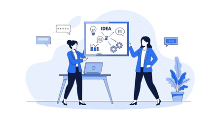 Two women collaborating on a business idea presentation with a whiteboard