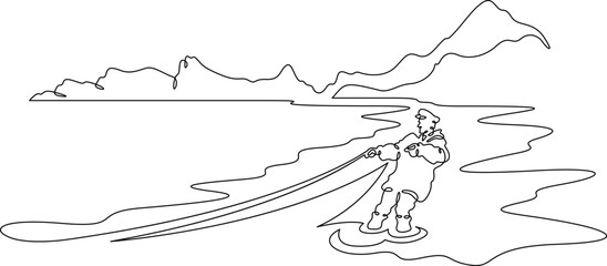 Continuous single line drawing Fisherman with a net. Fisherman on the seashore. Fishing. Linear design. One continuous line isolated minimalist illustration. Not AI.