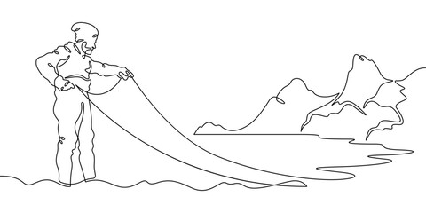 Continuous single line drawing Fisherman with a net. Fisherman on the seashore. Fishing. Linear design. One continuous line isolated minimalist illustration. Not AI.