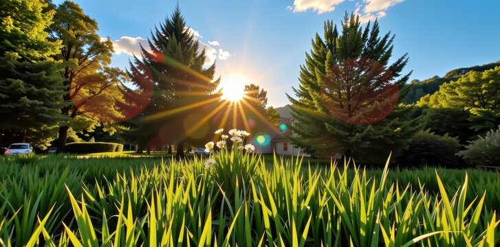 Golden hour sunbeams illuminate vibrant summer foliage, lush green grass, and a tranquil blue sky; idyllic summer scene, season, joyful, shadow