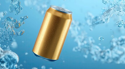 gold floating beverage can on blue background motion falling movement clear liquid bubbles splashing marketing advertising soda beer water drink