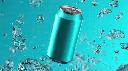 aqua floating beverage can on background motion falling movement clear liquid bubbles splashing marketing advertising soda beer water drink