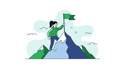 Triumphantly Celebrating Achievement: A Female Figure Plants The Victorious Flag At The Summit
