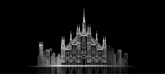 Obraz premium Stylized digital illustration of a grand Gothic cathedral on black.