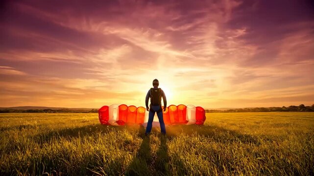 Paraglider and parachute landing in open field at vibrant sunset with colorful sky and dust cloud