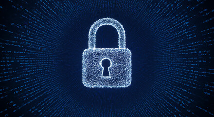 Quantum encryption visual with floating padlock made of light particles, holographic code background