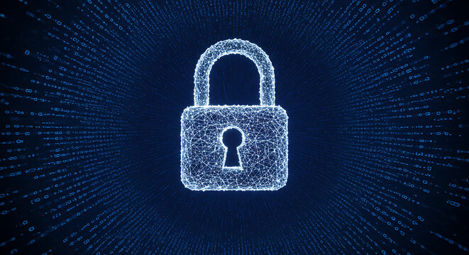 Quantum encryption visual with floating padlock made of light particles, holographic code background