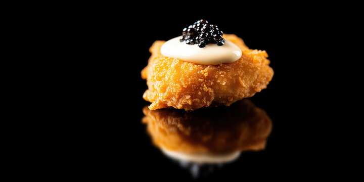 Luxury fried chicken bite topped with caviar and cream on black background. Gourmet food fusion and modern fine dining concept