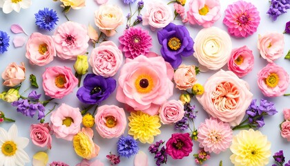 Vibrant flower arrangement on a light pastel blue background