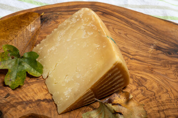 Italian Rodez hard cheese produced with raw cow’s milk, riped 6 months, cheese tasting in Italy