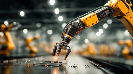 robotic arm assembling electronics in a factory

