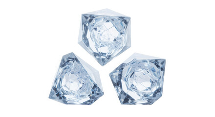 Obraz premium Three clear faceted ice cubes clustered together in a geometric arrangement isolated on white background