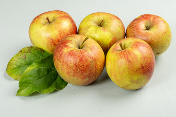 New harvest of french sweet red green apples, tasty healthy fruits with green leaves