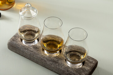 Scotch single malt and blended whisky tasting on distillery in Scotland close up