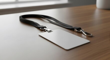 Close Up of White Id Badge with Black Lanyard on Wooden Table