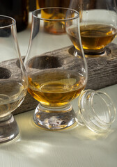 Scotch single malt and blended whisky tasting on distillery in Scotland close up
