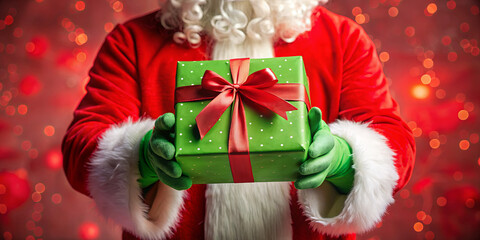 A cheerful Santa Claus presents a bright green gift box adorned with a red bow amid a backdrop of warm, glowing lights that create a festive atmosphere