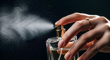 Close Up of Woman Spraying Perfume from Crystal Bottle on Dark Background