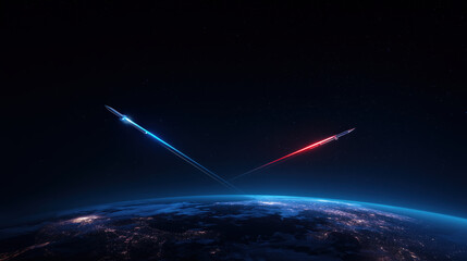 Two missiles crossing over Earth at night. Symbolic illustration of global conflict, geopolitics and technological warfare