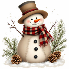 Cute Christmas snowman in plaid scarf and vintage hat, surrounded by pine branches and cones, cozy winter holiday illustration for festive crafts and sublimation