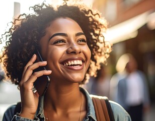 Woman laughing on phone outdoors