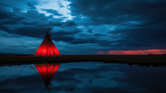 Illuminated teepee reflects in water under a dramatic cloudy sky