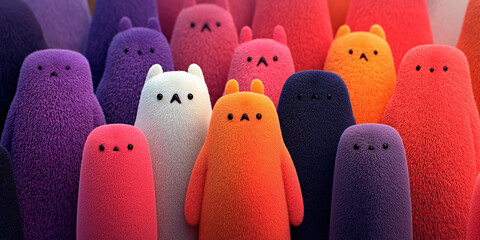 Colorful furry cartoon characters standing together. Cute abstract monsters with soft textures and vibrant design