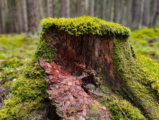 A tree stump covered in green moss in the woods