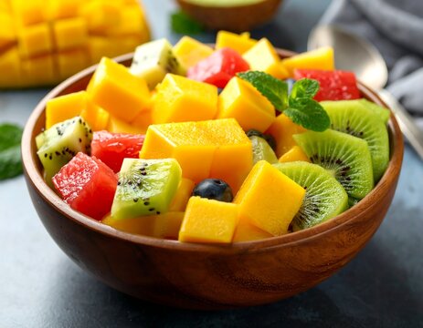 Vibrant fruit salad in a wooden bowl