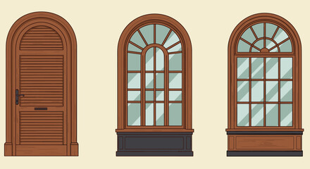 Classic architectural elements set, including a wooden arched shuttered door and two elegant arched windows with panes, vintage facade details.