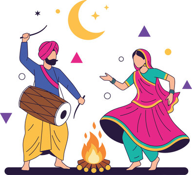 Happy Lohri festival celebration with a traditional Punjabi couple dancing. A Sikh man in a turban plays the dhol drum as a woman dances Gidda by a bonfire.