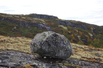 An unusual stones in the polar tundra on an autumn day.