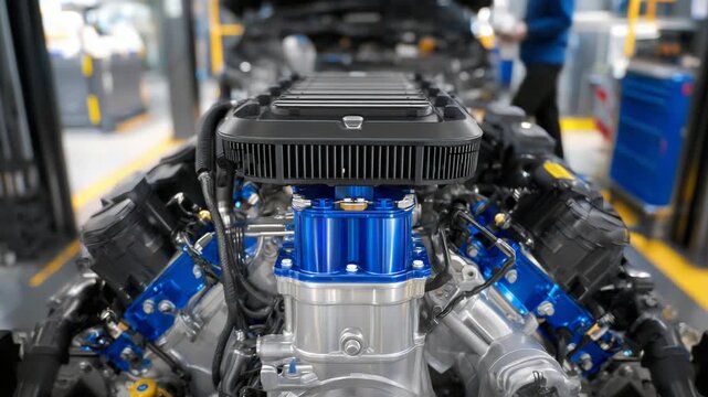 Detailed view of a sleek, modern engine block showcasing metallic textures and fluid reservoirs.