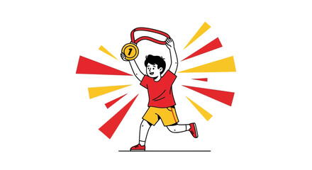 Victorious Athlete Joyfully Displays Gold Medal, Celebrating Achievement and Success Energetically