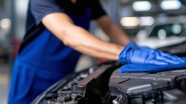 Auto mechanic meticulously cleans engine bay with blue cloth and gloves, highlighting gleaming metallic surfaces against a blurred garage backdrop.