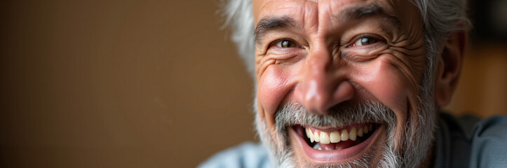 Close up laughing man with gray hair showcases joyful expression. Laughing man with beard reveals wrinkled face, showcasing aging gracefully and happy eyes.