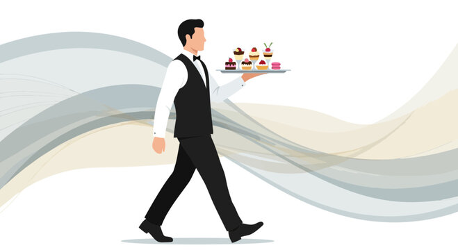 Waiter Carrying Desserts on Tray Walking Forward With Elegant Swirling Background