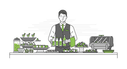 Waiter serving food and drinks at a buffet table to celebrate with friends