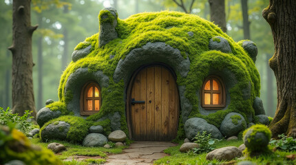 Moss-Covered Forest Cottage With Wooden Door And Warm Windows In Enchanted Woods