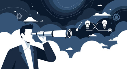 Visionary Businessman Using Telescope to Observe the Future and Strategic Planning