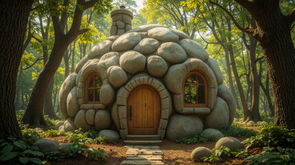 Cozy Stone Hobbit House Hidden in a Sunlit Forest with Pebble Exterior and Wooden Door