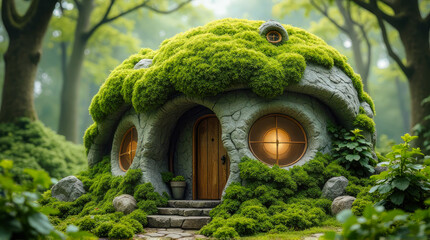Moss-Covered Forest Cottage With Wooden Door And Warm Windows In Enchanted Woods