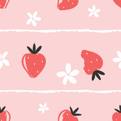 Strawberry seamless pattern on blush pink, whole and bitten berries with white blossom flowers and soft hand drawn stripes, cute pastel repeat for fabric, wrapping and kids decor.