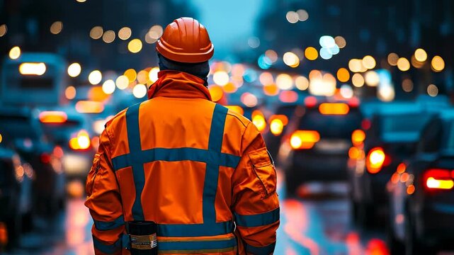 Evening traffic controller. A worker in an orange vest and helmet directs traffic in a busy street at night, with cars and lights in the background.